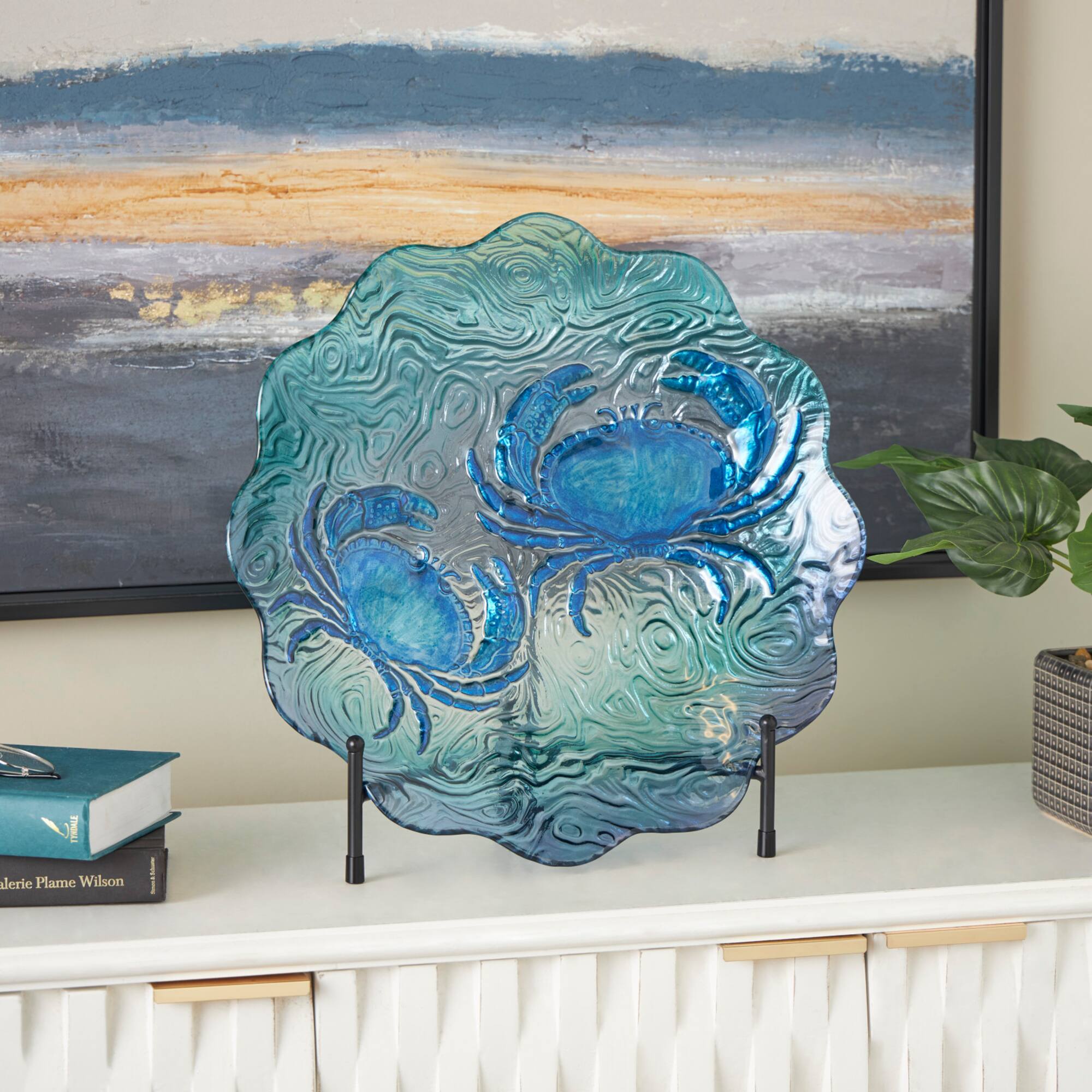 18" Blue Ombre Crab Glass Charger with Wavy Edge